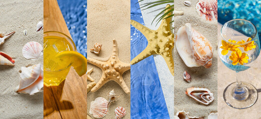 Summer collage of refreshing cocktails, sea shells and starfishes on beach sand