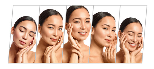 Set of beautiful young Asian woman on white background. Cosmetology concept