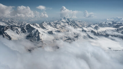 Fototapeta na wymiar Aerial panoramic landscape with mountains partially hidden behind low clouds, Caucasus, Russia
