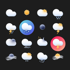 Weather icon set for a website or mobile app UI. Bright realistic 3d modern glass morphism design in vector isolated on dark background.
