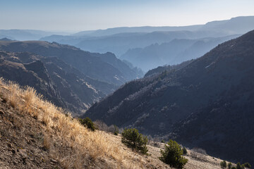 Mountain landscape with dry grass on hillside and layers of rocks in morning mist, Caucasus, Russia