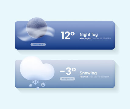 Сards for a weather widget. Weather icon set for a website or mobile app UI. Bright realistic 3d modern glass morphism elements in vector.