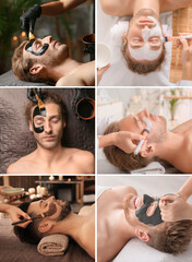 Collage with handsome men relaxing in spa center