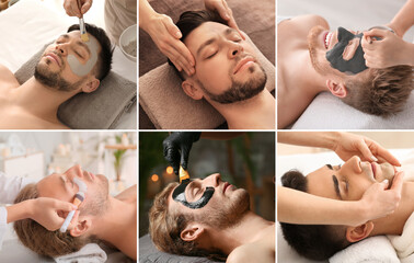 Collage with handsome men relaxing in spa center