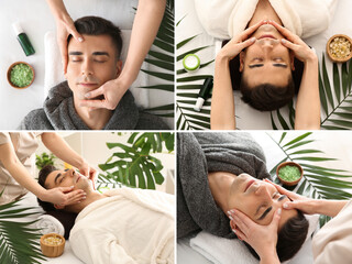 Collage with handsome man having facial massage in spa salon