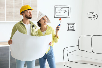 Young couple with house plan imaging new design of living room