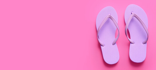 Stylish flip-flops on pink background with space for text, top view
