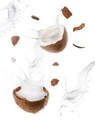 Broken coconut and splashes of milk isolated on white