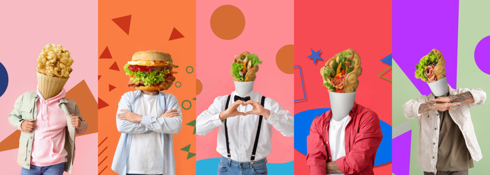Set of people with tasty fast food instead of their heads on colorful background