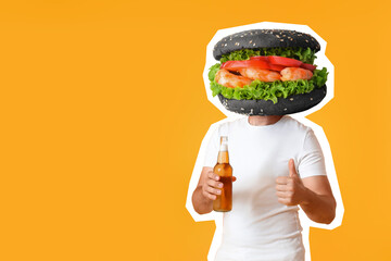 Man with tasty burger instead of his head and beer showing thumb-up on yellow background