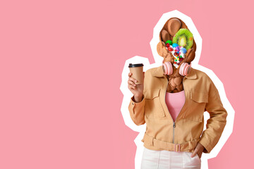 Woman with tasty sweet bubble waffle instead of her head and coffee on pink background