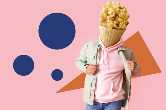 Man with tasty popcorn in waffle cone instead of his head on pink background