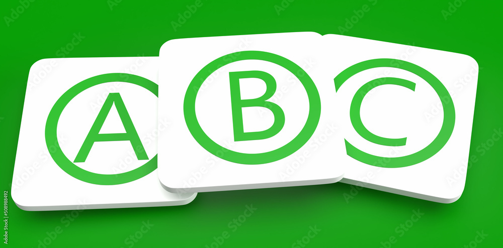 Fototapete the letters a, b and c in green letters on white rectangular plates of green background. alphabet sy