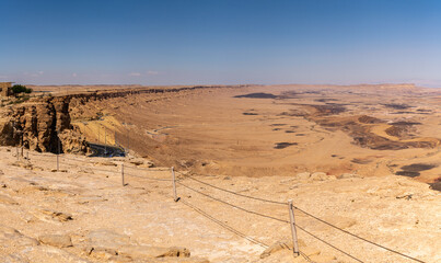Panoramic view of Makhtesh Ramon, Ramon Crater near Mitzpe Ramon in the Negev Desert in southern...