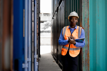 Container import export and logistic concept. Panoramic African american foreman holding tablet and wears PPE to checking inventory or job details with cargo container background.