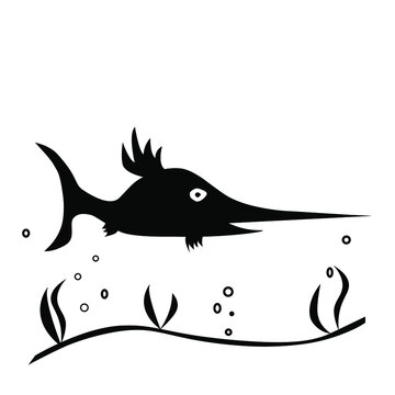 Cartoon, hand drawn, vector doodle illustration of funny fish