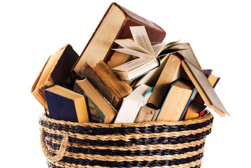 old books in trash can. Isolated on white background.