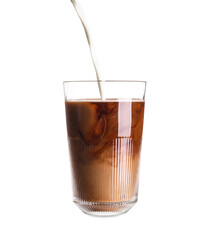 Pouring of milk into glass with iced coffee on white background
