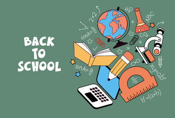 Education concept. Back to school vector banner design. Set education items in a background.