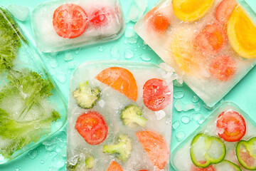 Fresh cut vegetables frozen in ice on turquoise background