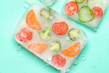 Fresh cut vegetables frozen in ice on turquoise background