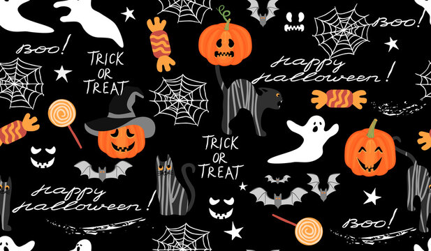 Happy Halloween!Seamless pattern with pumpkins,cobwebs,ghosts,cats,bats, sweets and lettering.Vector background and texture for printing on fabric and paper.Trick or treat event decoration.