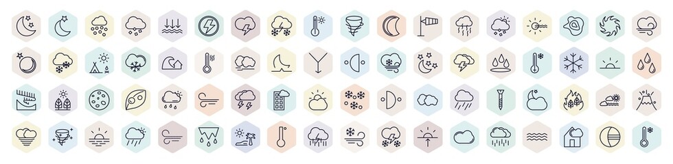 set of weather web icons in outline style. thin line icons such as night, hail, snow storms, smog, tsunami, freezing, thunderstorm, calm,  icon. - obrazy, fototapety, plakaty