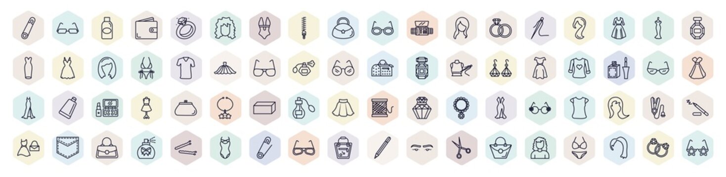 set of woman clothing web icons in outline style. thin line icons such as perdible pin, bottle, zip, engagement ring, clothes, heart shaped clothes, rectangular, hair iron, female handbag