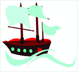 A ship with sails, swimming in the waves of an ocean. This illustration can be used as a logotype for fishing and tourist organizations. Vector, isolated.