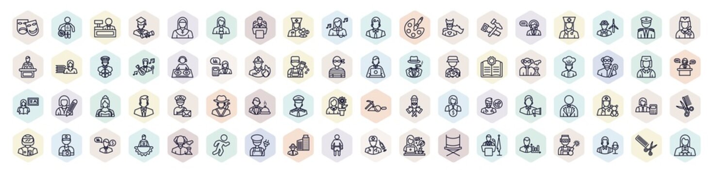 Set Of Professions Web Icons In Outline Style. Thin Line Icons Such As Actor, Cashier, Pharist, Carpenter, Dj, Chef, Waiter, Mathematician, Boxer Icon.