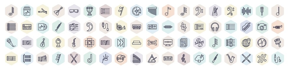 set of music and media web icons in outline style. thin line icons such as hemidemisemiquaver, clave, semiquaver, clef, bass clef, bold double bar line, eight note rest, dvd disc, panpipe - obrazy, fototapety, plakaty