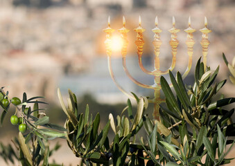 Jerusalem Temple Mount with golden Menorah and Olive Branches