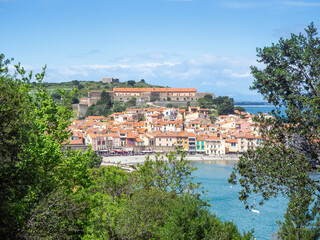 Vue sur le Fort Miradou et le village de Collioure, Pyrénées-Orientales, Occitanie, France