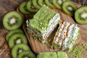 fresh and sweet green cake with sliced green kiwi fruit