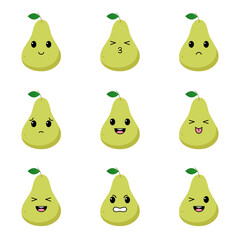Set of pears with kawaii emotions. Flat design vector illustration