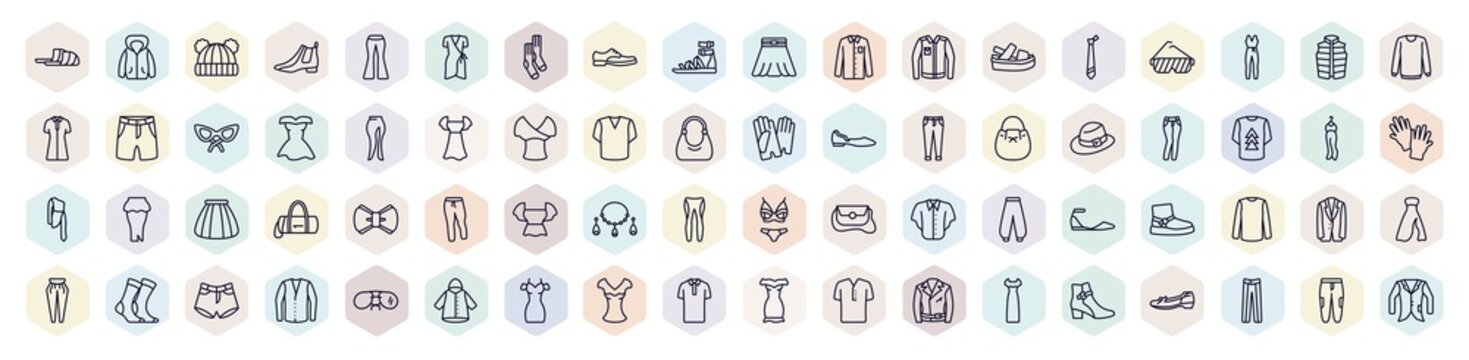 set of clothes web icons in outline style. thin line icons such as sleepers, knit hat with pom pom, leather derby shoe, platform sandals, slit skirt, slim fit pants, peplum top, jersey blazer,