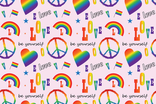 LGBT symbols - seamless pattern on white background. Flags, hearts, rainbows, badges - in LGBT colors. Lettering: Love, Be yourself.  Colorful pride designs. Vector illustration.