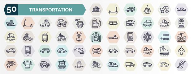 set of transportation web icons in outline style. thin line icons such as caboose, hearse, airport shuttle, pt boat, cruiser, ship helm, minivan, people carrier, zeppelin, tanker icon. - obrazy, fototapety, plakaty