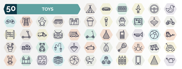 set of toys web icons in outline style. thin line icons such as tent toy, duck toy, bouncy castle toy, spinning drum et teddy bear rattle castle spinner icon.