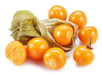 Ripe physalis or golden berry fruits in calyx isolated on white background.