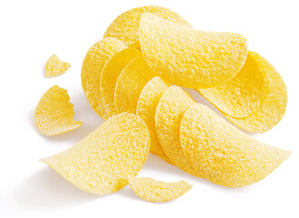 Delicious potato chips isolated on white background.