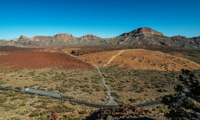 Unique landscape of Teide National Park and view of Teide Volcano peak. Tenerife Island.