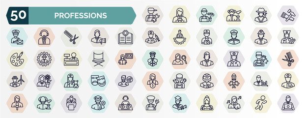 set of professions web icons in outline style. thin line icons such as plumber, carpenter, guide, engineer, director, physician assistant, pediatrician, racer, scientist, graduated icon.
