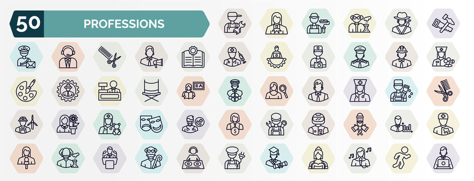 set of professions web icons in outline style. thin line icons such as plumber, carpenter, guide, engineer, director, physician assistant, pediatrician, racer, scientist, graduated icon.