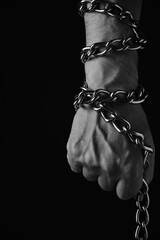 Mans hand entangled with a metal chain, concept slavery, hostage and freedom.Black and white photo.