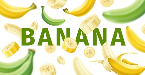 Flying fruit background. Realistic yellow and green bananas in motion, 3d natural food ingredients and text, sweet tropical dessert, pieces and whole, poster or banner backdrop, vector concept