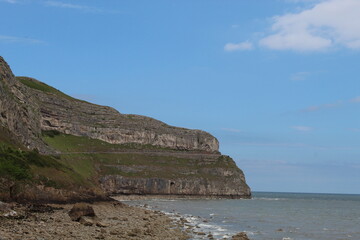 Fototapeta na wymiar A landscape shot of the Great Orme as seen from the Promenade at Llandudno in North Wales. This photo was taken during the Bank Holiday weekend.