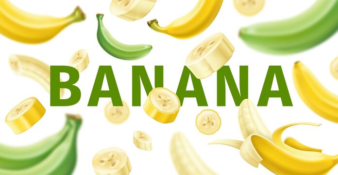 Flying fruit background. Realistic yellow and green bananas in motion, 3d natural food ingredients and text, sweet tropical dessert, pieces and whole, poster or banner backdrop, vector concept