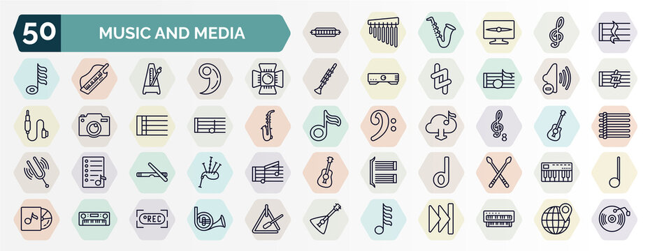 set of music and media web icons in outline style. thin line icons such as harmonica, quarter note rest, music spotlight, low volume speaker, half note, octave, clave, minim, synthesizer, thirty