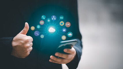 Man using smartphone showing cloud computing diagram in hand cloud technology data storage network and internet service concept